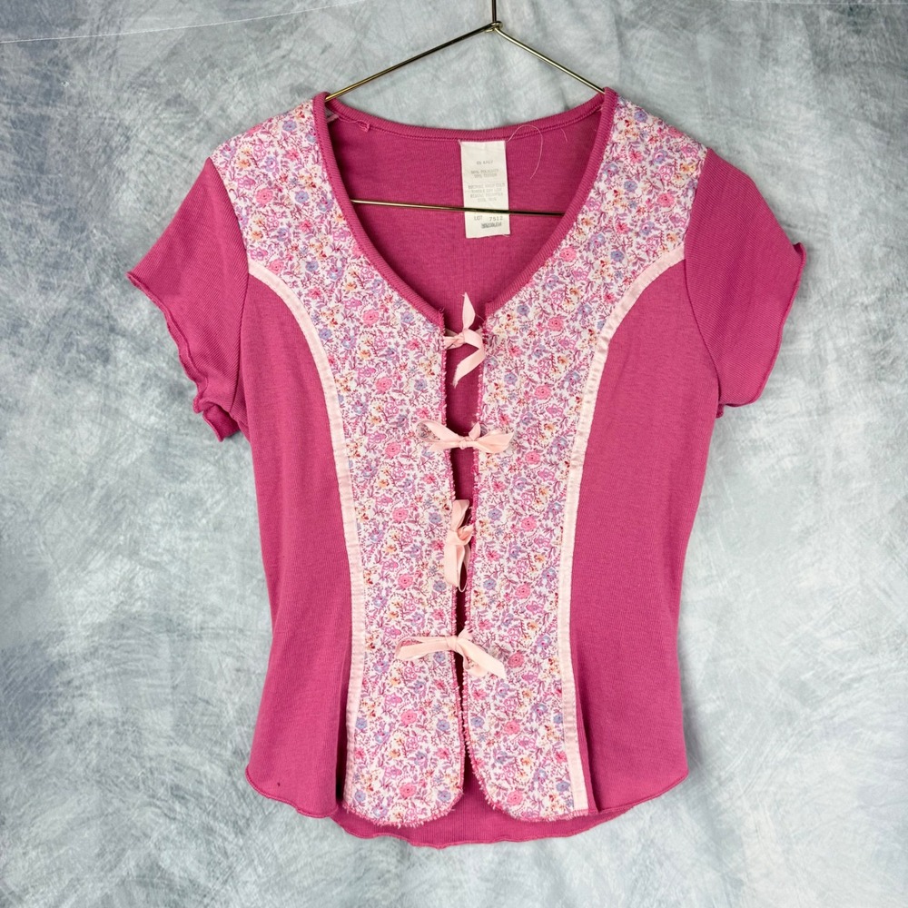 Vintage Y2K Coquette Soft Girl Floral Ribbed Tie Front Top Pink Short Sleeve Med